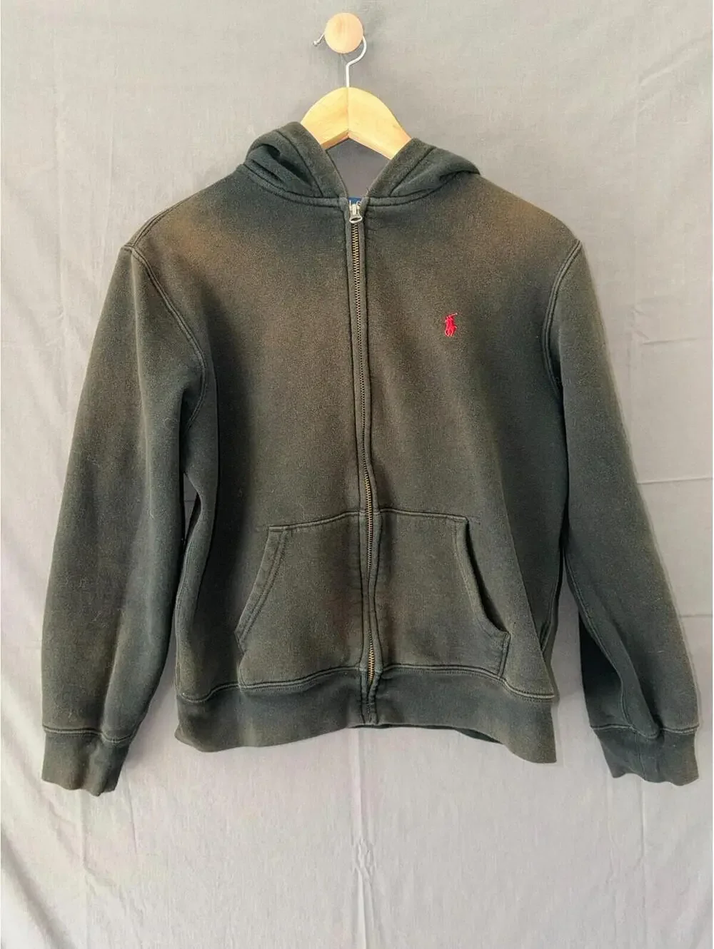 Polo Ralph Lauren Youth L 14-16 Full Zip Hoodie Black Sun Faded Distressed Grung